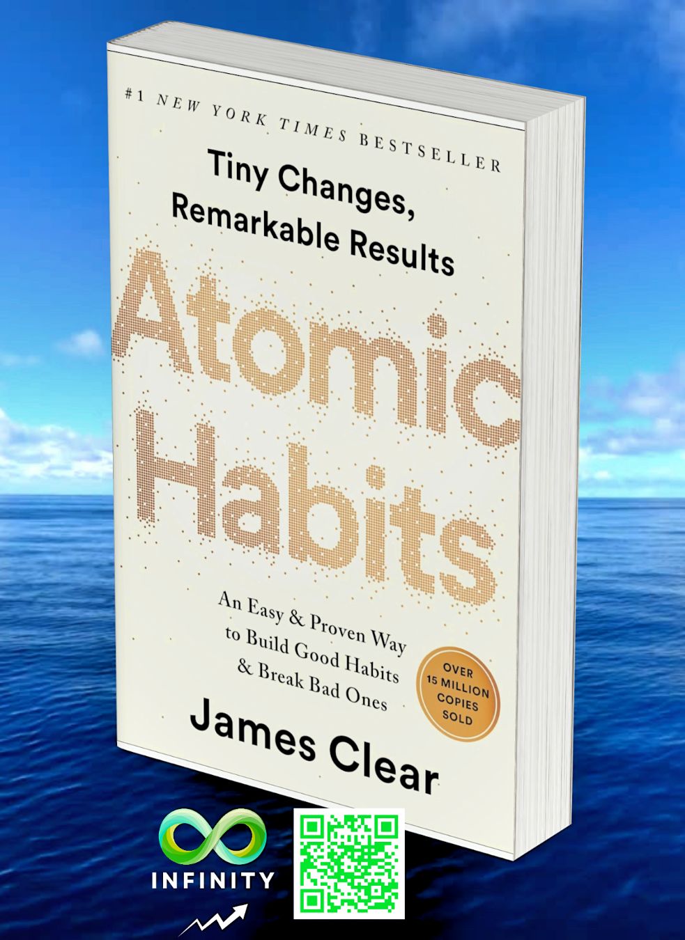 Cover of 'Atomic Habits' by James Clear, featuring a clean, minimalist design with gold accents.