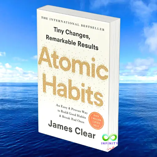 Atomic Habits by James Clear, featuring a clean, minimalist design with gold accents.