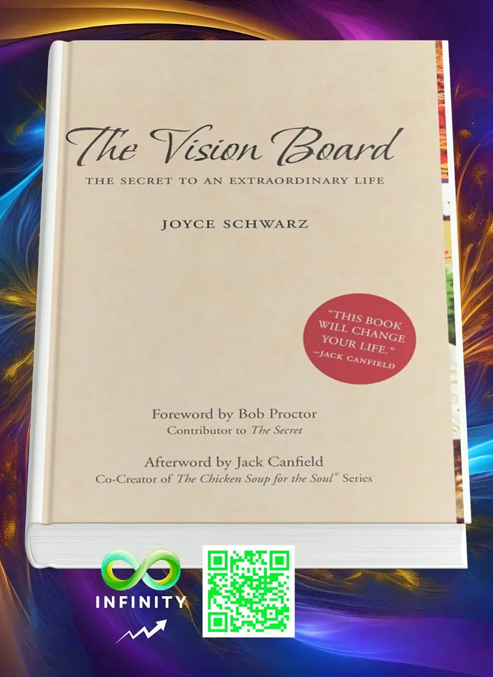 The dynamic and vibrant cover of "The Vision Board" by Joyce Schwarz, showcasing elements of creativity and inspiration.